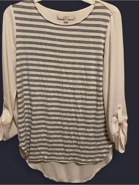 LOFT Cream & Gray Striped Mixed-Media Tunic